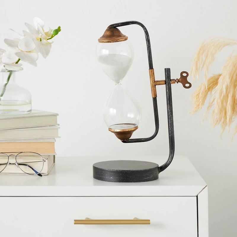 13" Black Metal Suspended Hourglass Timer with Gold Details