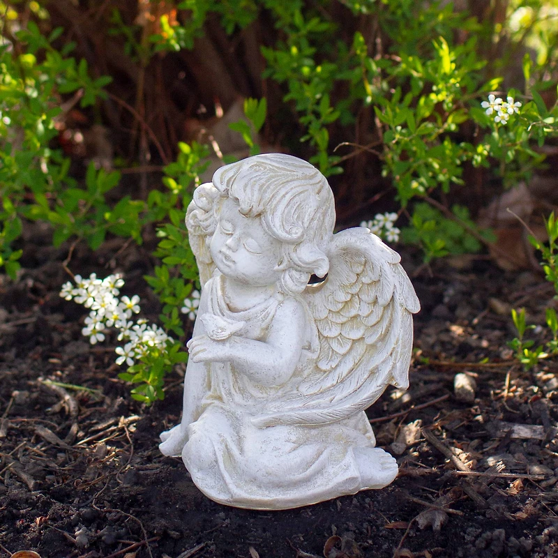 6.5" Ivory Sitting Cherub Angel with Bird Outdoor Statue