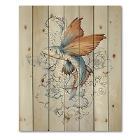 Designart - Flying Fish On Peonies - Traditional Print on Natural Pine Wood