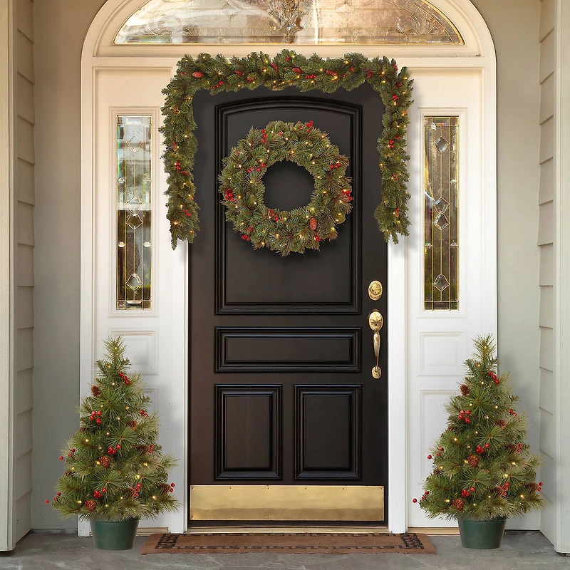 4-Piece Pre-Lit Pinecones & Berries Artificial Christmas Entrance Trees, Garland & Wreath, Warm White LED Lights