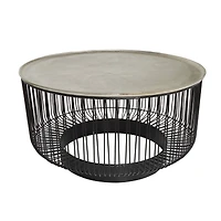 30" Black Metal Open Frame Wire Geometric Coffee Table with Silver Aluminum Top