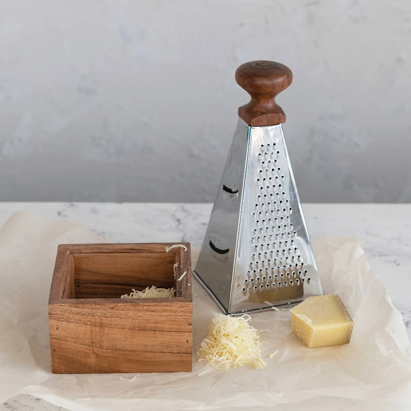 Hello Honey® 7" Handheld Stainless Steel Grater with Acacia Wood Handle & Square Base