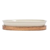 Hello Honey® 13" Cream Stoneware Serving Dish with Natural Mango Wood Base
