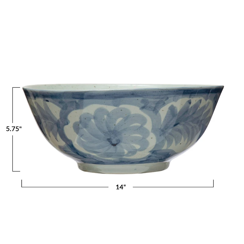 Hello Honey® 14" Blue & White Hand Painted Stoneware Bowl with Floral Design