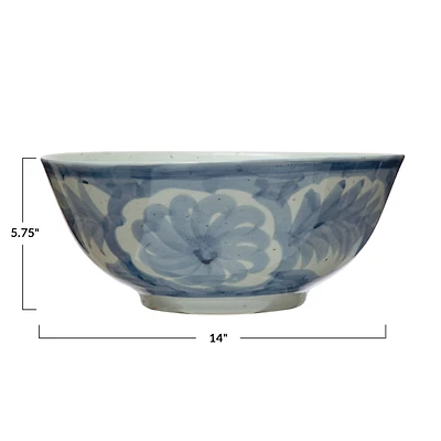 Hello Honey® 14" Blue & White Hand Painted Stoneware Bowl with Floral Design