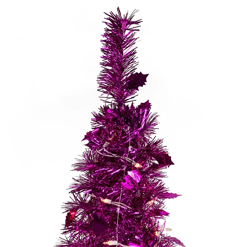 6ft. Pre-Lit Pink Tinsel Pop-Up Artificial Christmas Tree, Clear Lights