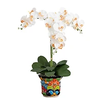 2.25ft. Artificial Triple Orchid Arrangement in Handmade Mexican Talavera Ceramic Planter