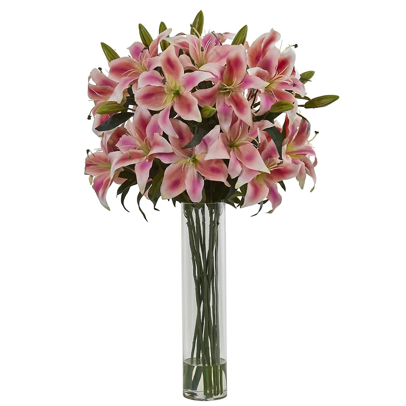 34" Pink Lily Arrangement in Glass Cylinder Vase