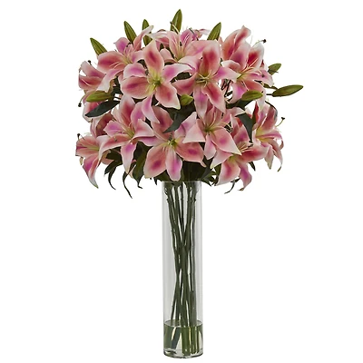 34" Pink Lily Arrangement in Glass Cylinder Vase