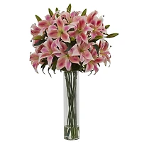 34" Pink Lily Arrangement in Glass Cylinder Vase