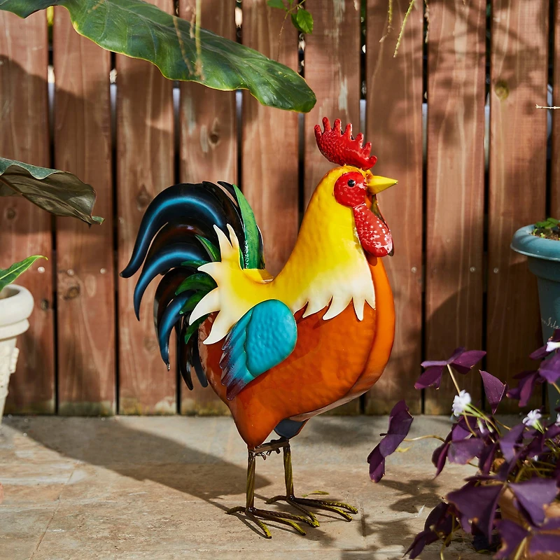 Glitzhome® 21" Vibrant Standing Metal Rooster Garden Statue