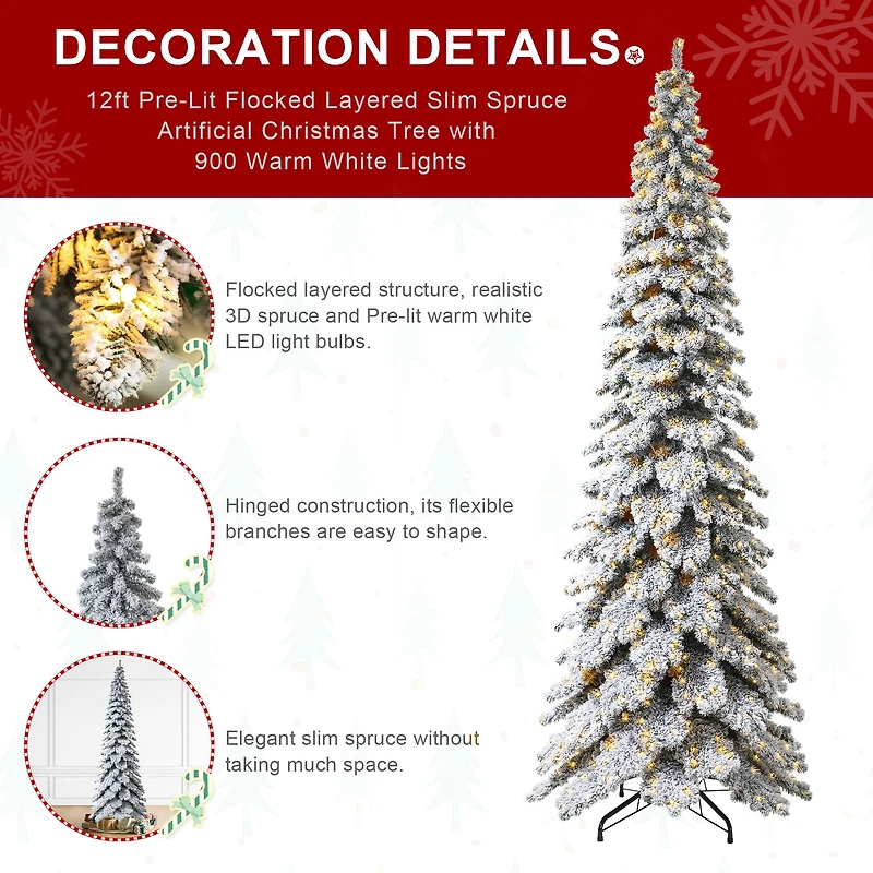 12ft. Pre-Lit Flocked Layered Slim Spruce Artificial Christmas Tree, Warm White LED Lights