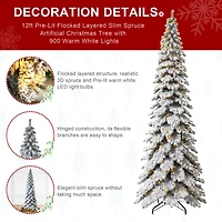 12ft. Pre-Lit Flocked Layered Slim Spruce Artificial Christmas Tree, Warm White LED Lights