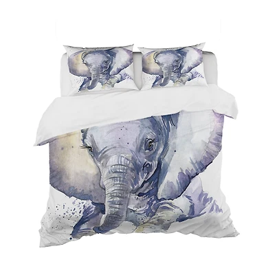 Designart 'Baby Elephant Blue Watercolor' Tropical Bedding Set