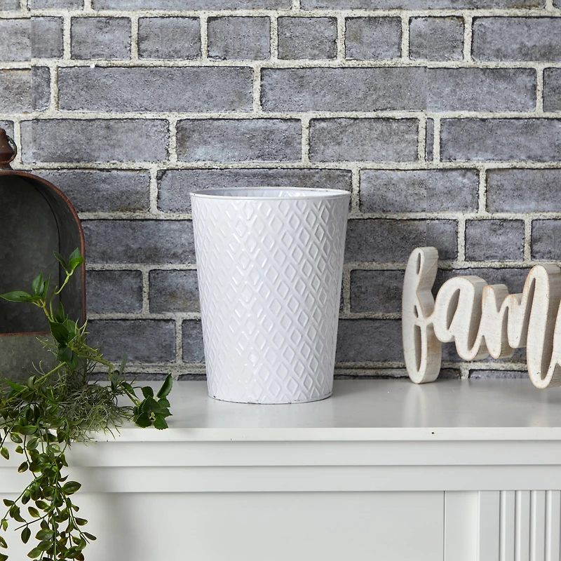 10" White Embossed Tin Planter