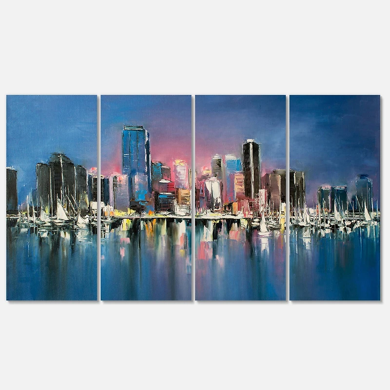 Designart - Coastal City Fantasy Night Scene in Oil Painting