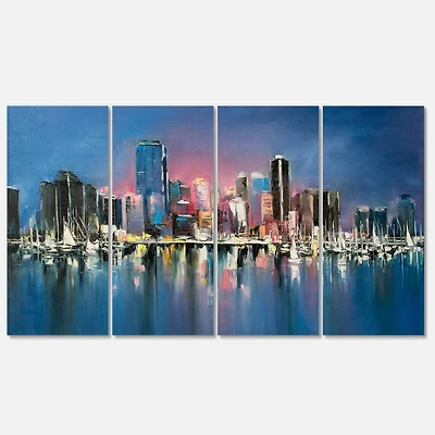 Designart - Coastal City Fantasy Night Scene in Oil Painting