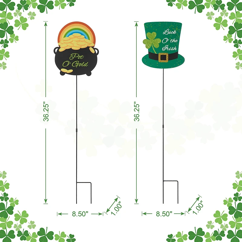 Glitzhome® St. Patrick's Pot of Gold & Leprechaun Hat Metal Yard Stake Set