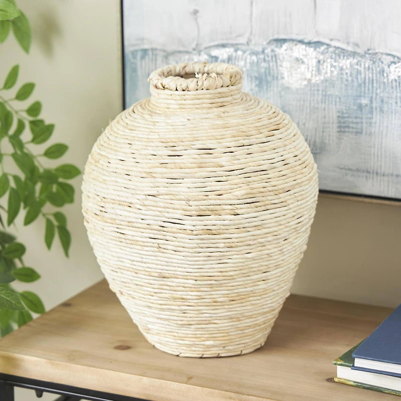 13.5" Cream Seagrass Handmade Wrapped Pot Decorative Vase