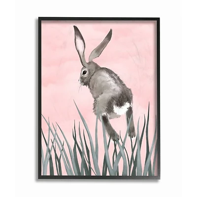 Stupell Industries Bunny Rabbit Jump Grass Wall Art in Black Frame