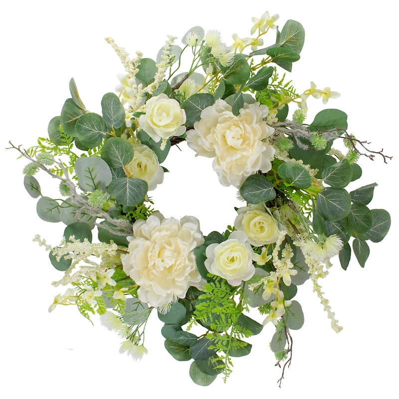 20" Peony, Rose & Mixed Foliage Artificial Spring Wreath