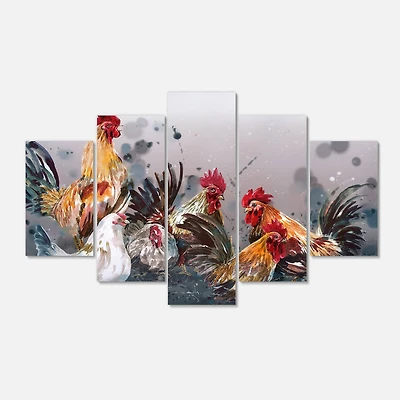 Designart - Group of Rooster in Gray Farm background