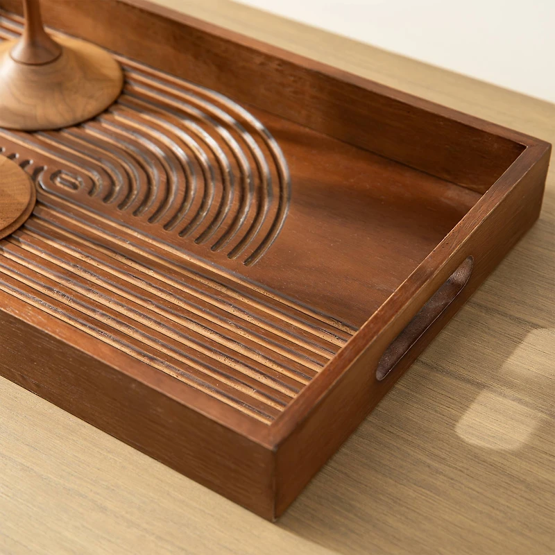 Glitzhome® Rectangle Rubber Wood Abstract Trays Set