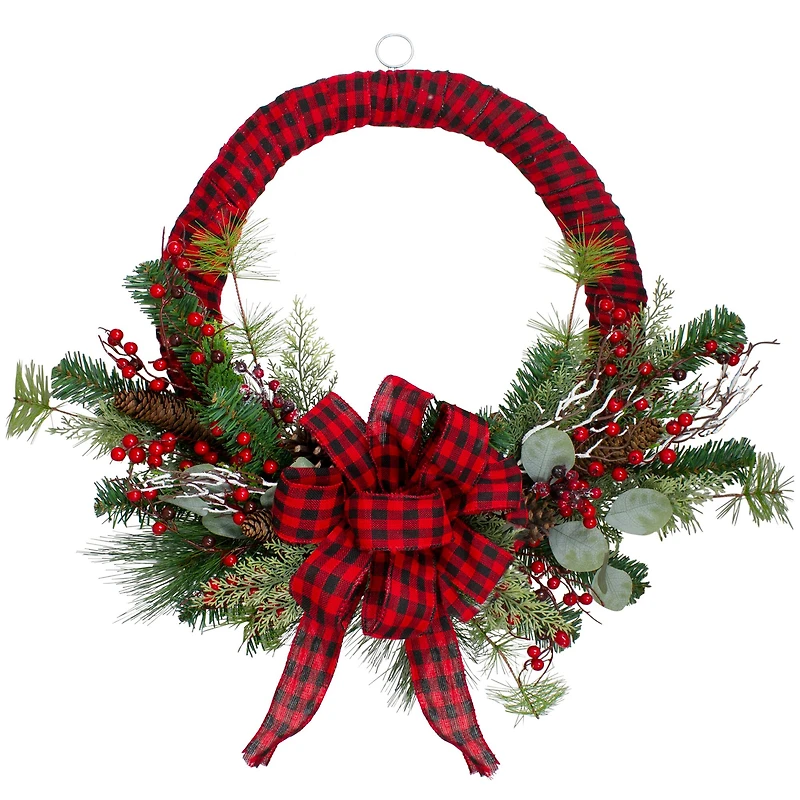 24" Red And Black Buffalo Plaid And Berry Artificial Wreath
