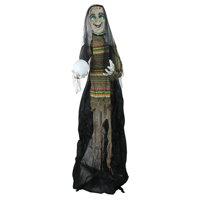 5.5ft. Pre-Lit Black & Green Standing Fortune Witch with Magic Ball Halloween Display
