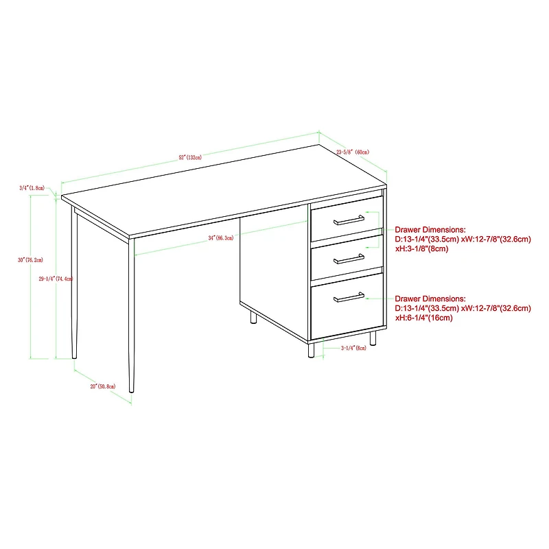 Walker Edison 52" Dark Walnut 3 Drawer Desk
