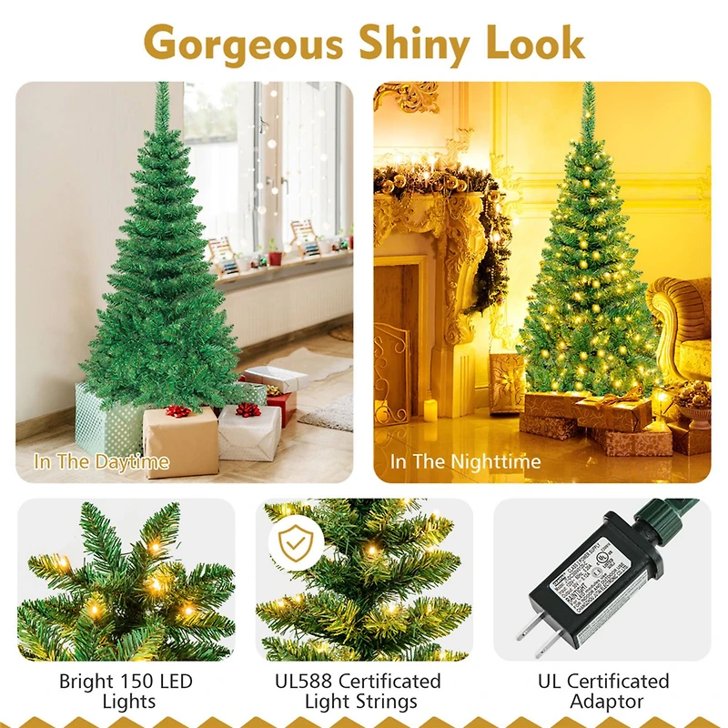 Costway 4.5ft Pre-Lit Hinged Pencil Christmas Tree, Warm White LED Lights