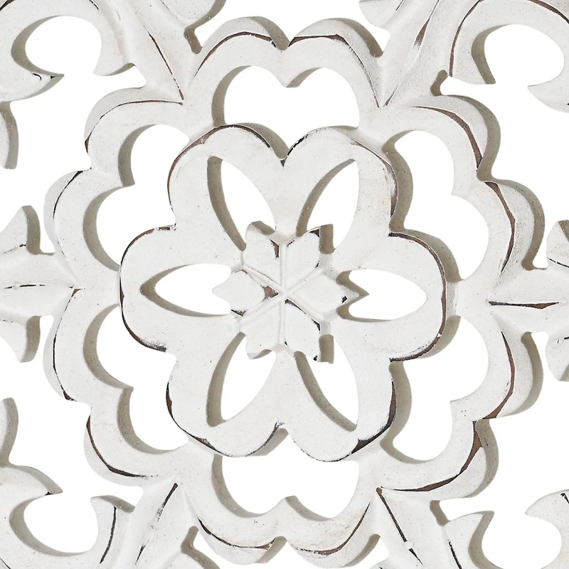 American Art Décor™ 16" Distressed Wood Framed Round White Arabesque Wall Accent Medallion