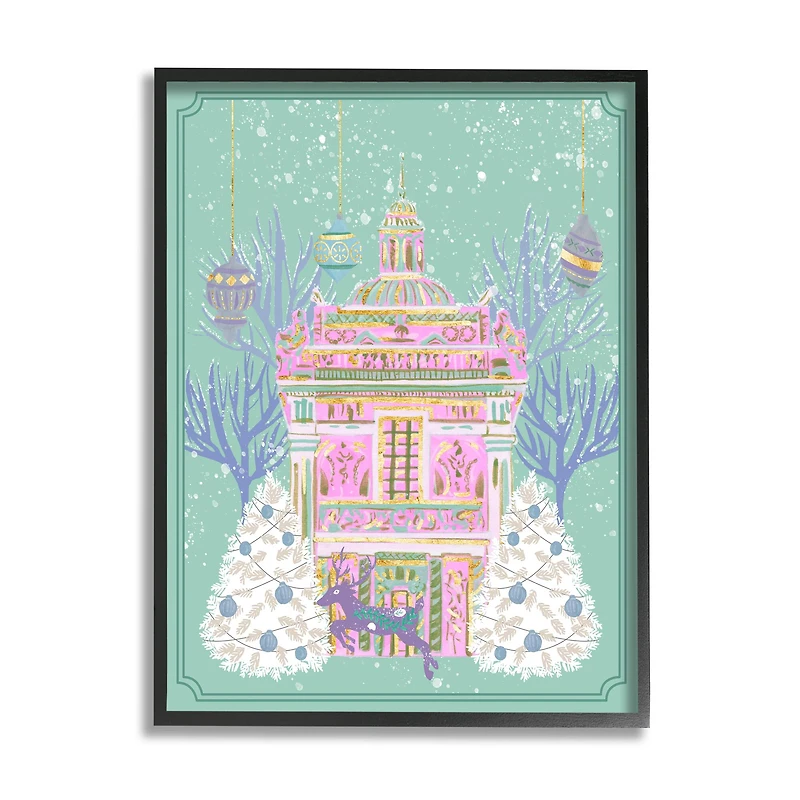 Stupell Industries Pink Ornate Christmas Building Framed Giclee Art