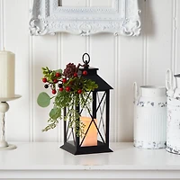 12" Berries & Greenery Metal Lantern Artificial Table Christmas Arrangement with LED Candle