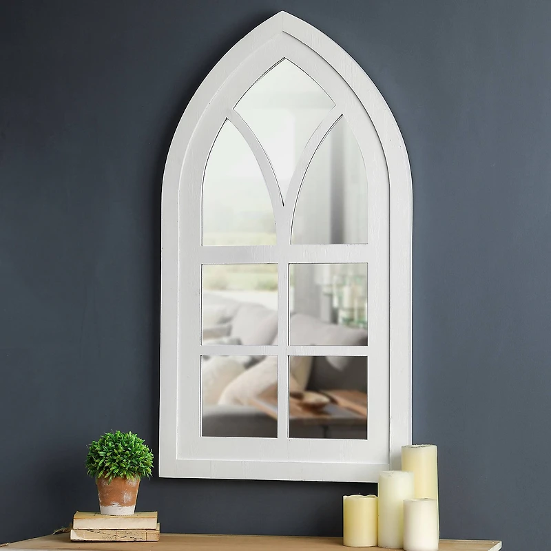 Glitzhome® 40" White Wooden Cathedral Windowpane Wall Mirror