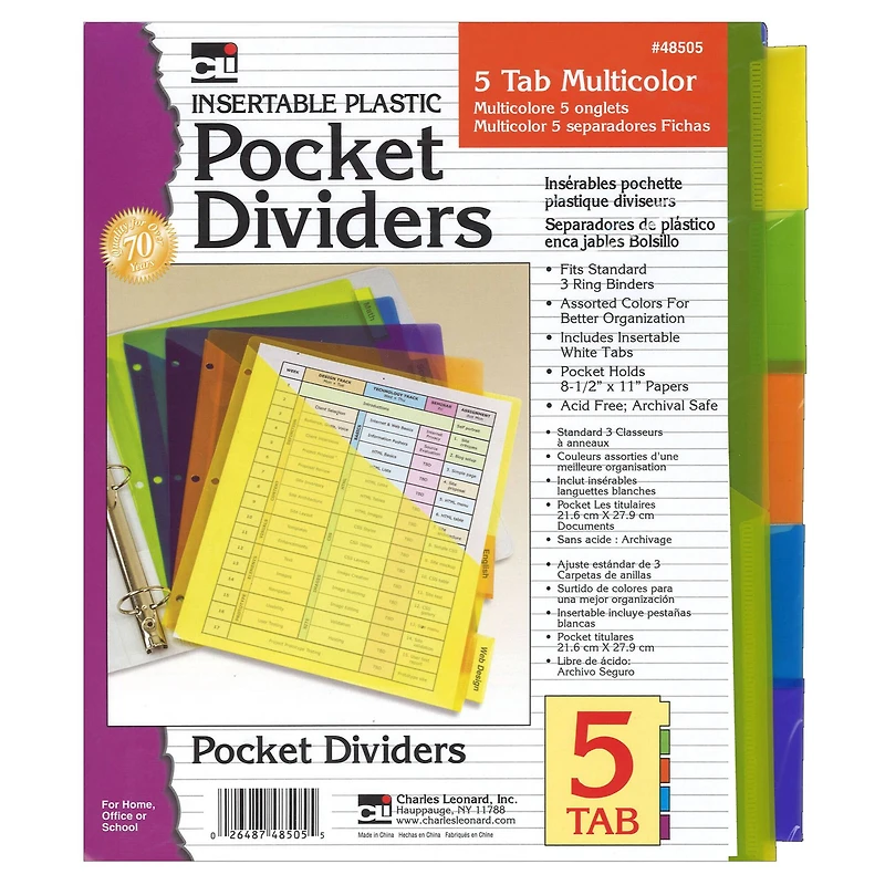 Charles Leonard 5-Tab Index Dividers with Pockets, 6 Packs of 5