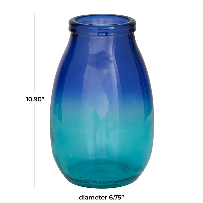 Blue Recycled Glass Handmade Spanish Vase with Ombre Effect 7" x 7" x 11"