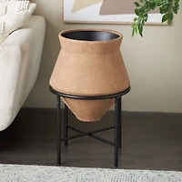 24.5" Brown Metal Wide Decorative Vase with Black Stand