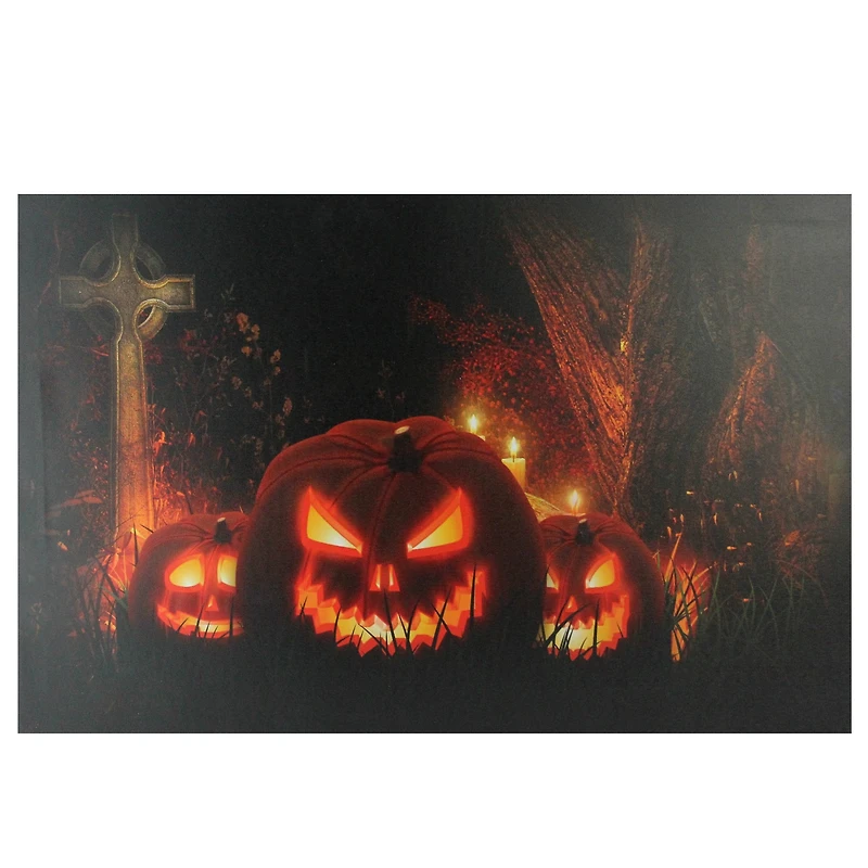 LED Lighted Jack-O-Lanterns in a Cemetery Halloween Canvas Wall Art