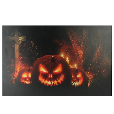 LED Lighted Jack-O-Lanterns in a Cemetery Halloween Canvas Wall Art