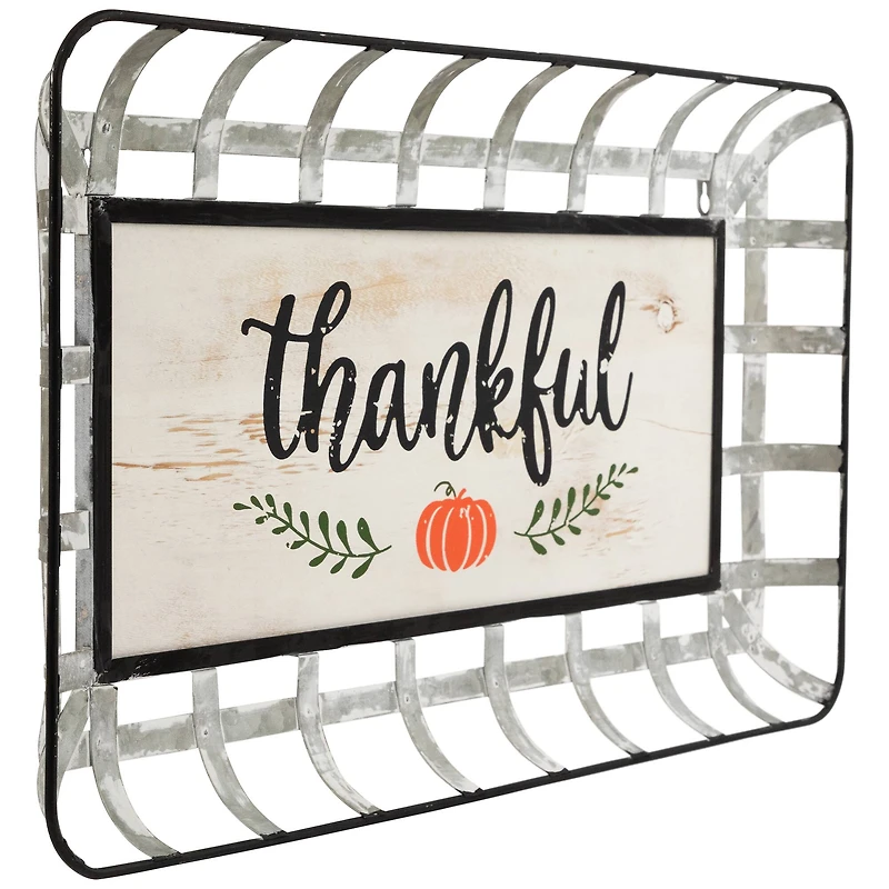 24" Silver & White Pumpkin Thankful Rectangular Wall Décor