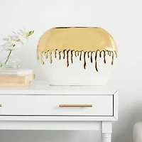 CosmoLiving by Cosmopolitan 16" White Ceramic Vase with Abstract Gold Melting Drips