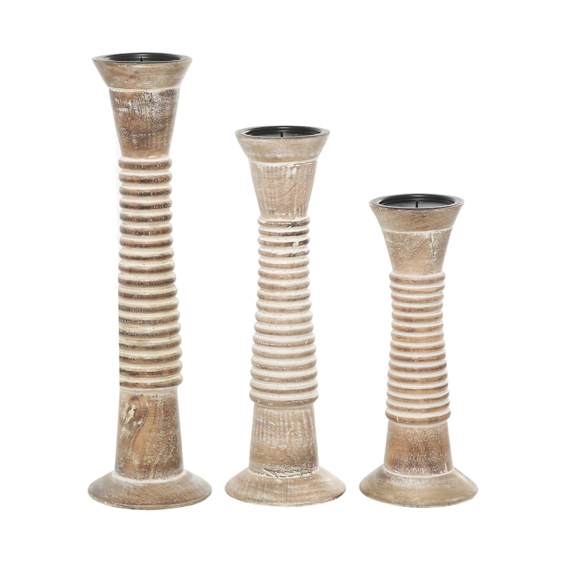 Brown Mango Wood Traditional Candle Holder Set