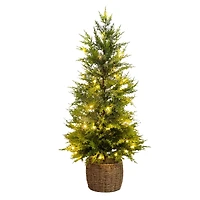 3ft. Pre-Lit Artificial Lightly Snowed Cypress Christmas Tree with 38 Warm White LED Lights in Decorative Weaved Basket