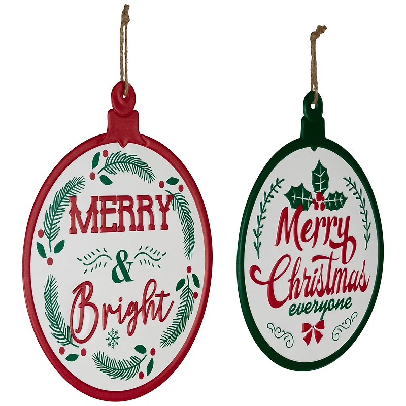 Merry and Bright Ornament Style Metal Christmas Wall Signs - 14" - Red and Green - Set of 2