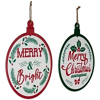 Merry and Bright Ornament Style Metal Christmas Wall Signs - 14" - Red and Green - Set of 2