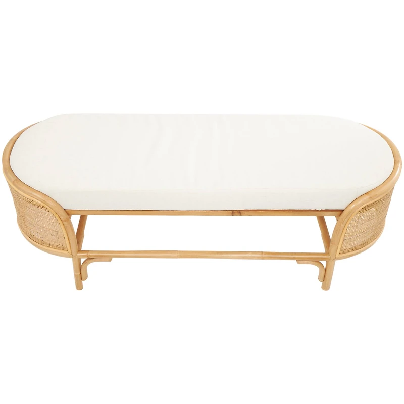 49" Brown Rattan Handmade Oval Bench with White Fabric Cushion