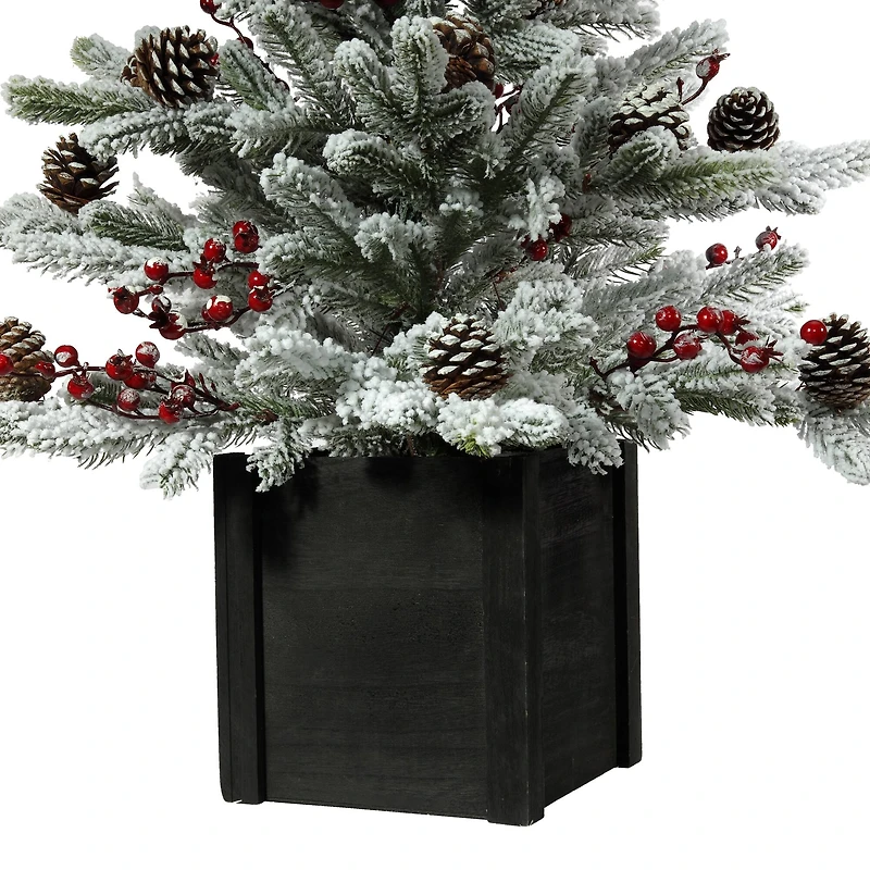 3ft. Unlit Flocked Stockhorn Fir Artificial Christmas Tree in Wooden Pot