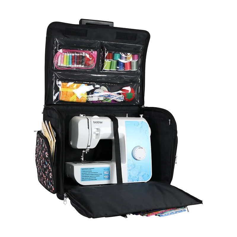 Everything Mary Black Floral 4-Wheel Collapsible Deluxe Sewing Machine Storage Case