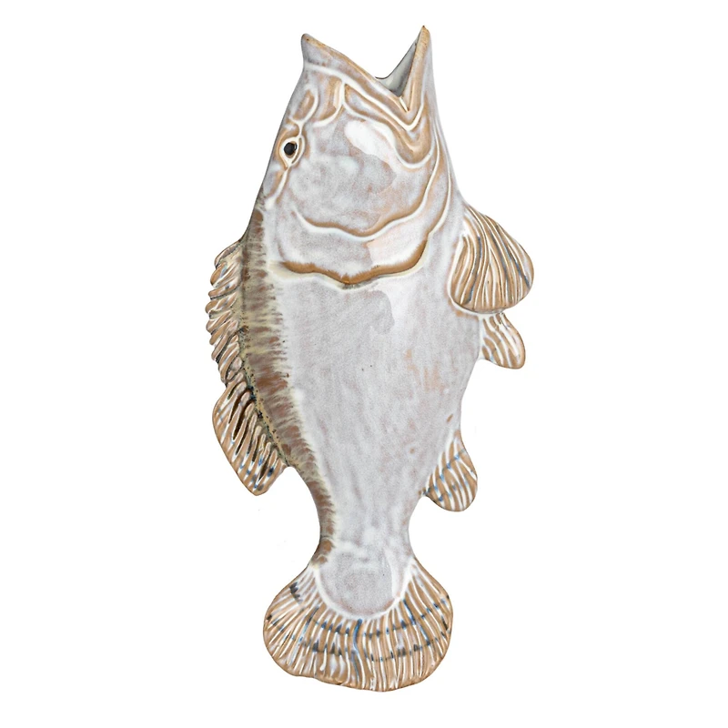 Hello Honey® 11.75" White & Tan Reactive Glaze Stoneware Fish Shaped Wall Vase
